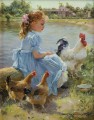 junges Mädchen mit Hahn und zwei Hennen pet Kinder